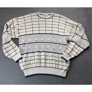 Bugatchi Geometric Knit Sweater Mens L Beige Grandpacore Retro 90s Coogi Style